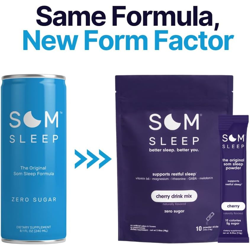 Som Sleep, Restful Sleep Powder Drink Mix W/Melatonin, Magnesium, Vitamin B6, L-Theanine & GABA – Vegan, Zero Sugar, Keto Friendly – Cherry, 10-Pack