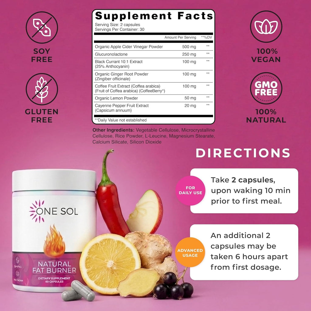 One Sol Fat Burner for Women, Natural Metabolism Booster, Burn More Calories, Boost Energy & Mood, Curb Appetite & Stop Cravings, No Crash or Jitters, All-Natural Ingredients, Gluten & Soy Free