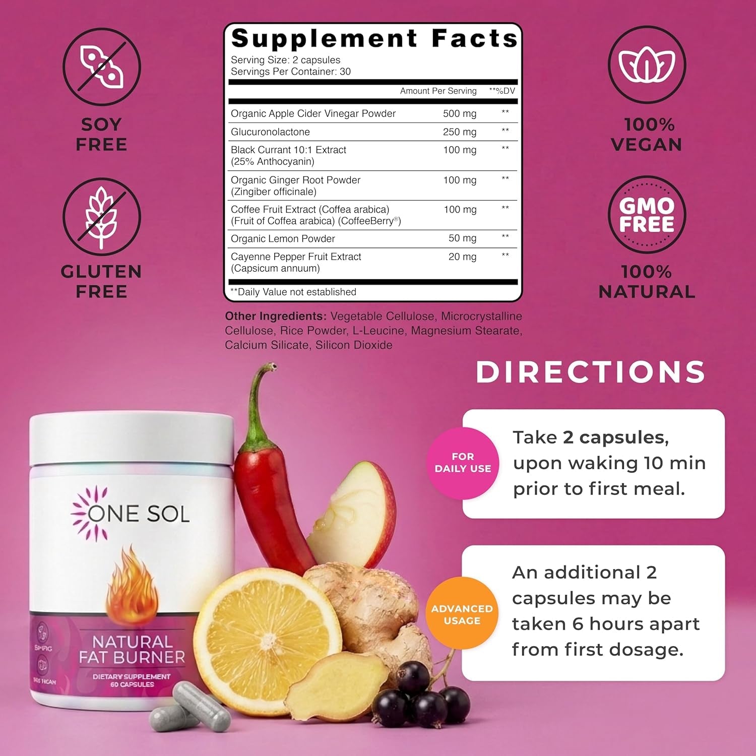 One Sol Fat Burner for Women, Natural Metabolism Booster, Burn More Calories, Boost Energy & Mood, Curb Appetite & Stop Cravings, No Crash or Jitters, All-Natural Ingredients, Gluten & Soy Free