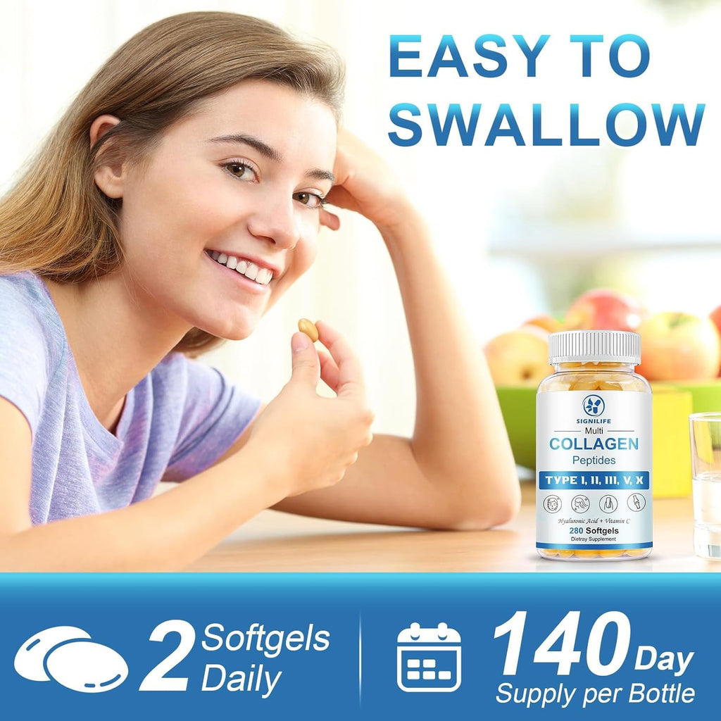 Multi Collagen Peptides for Women & Men, Hydrolyzed Collagen Peptides-Type I, II, III, V, X - with Hyaluronic Acid,Vitamin C,Biotin,Supports Skin Hair Nail, Non-Gmo, 280 Softgels