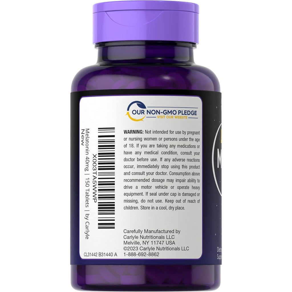Carlyle Melatonin 40Mg Complex | 150 Fast Dissolve Tablets | Extra Strength Support | with Ashwagandha and Chamomile | Vegetarian, Non-Gmo, Gluten Free Supplement
