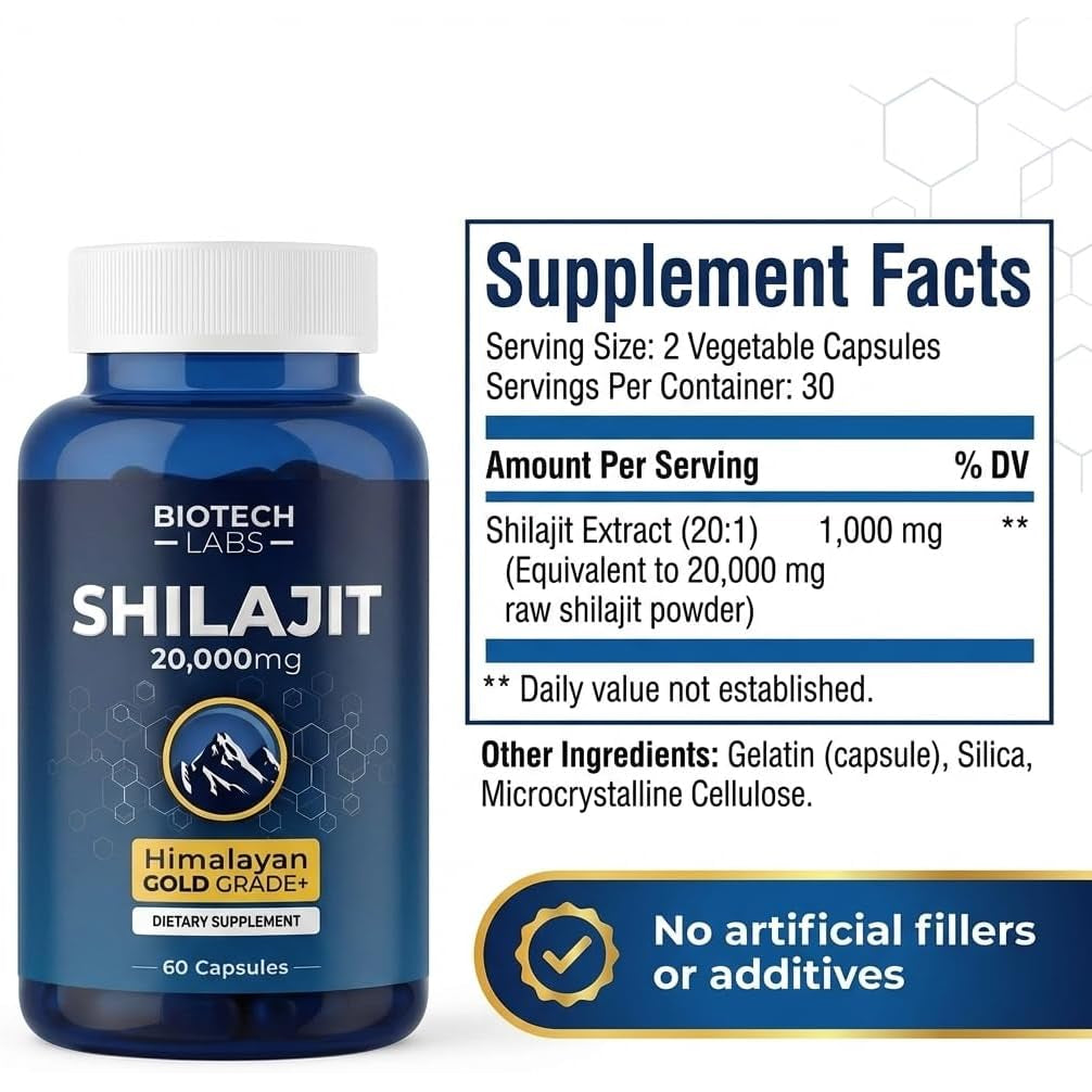 Biotech Labs Shilajit 20,000Mg – Gold Grade Himalayan Extract | High Fulvic Acid, 85+ Trace Minerals | Energy, Vitality & Testosterone Support | Men’S Wellness & Performance | 60 Capsules