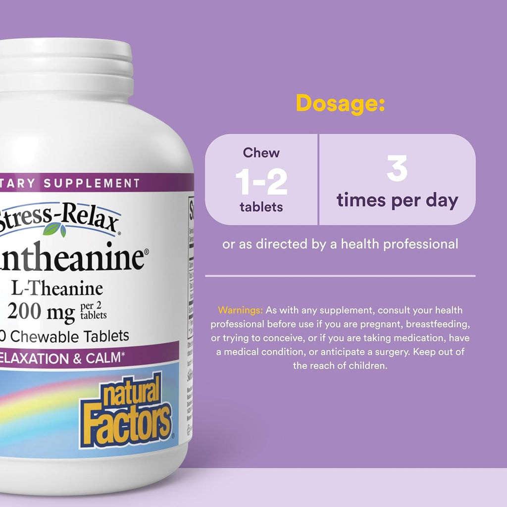 Natural Factors Suntheanine L-Theanine 100 Mg - Health Supplement for Calm Outlook - L-Theanine Supplement Supports Relaxing Sleep & Aids against Drowsiness - 120 Chewable Tablets (60 Servings)