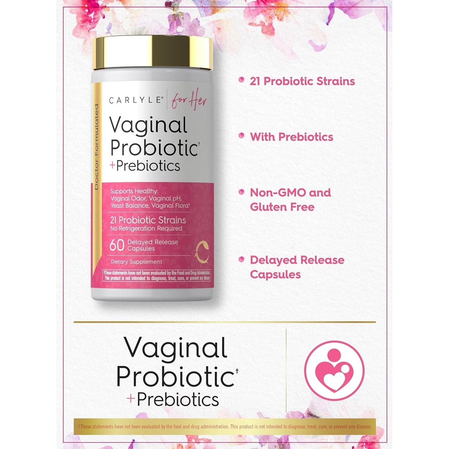 Carlyle Vaginal Probiotics for Women | 60 Capsules | with Prebiotics | Supports Healthy Odor, Ph, Yeast Balance, and Flora | Vegan, Non-Gmo, Gluten Free | for Her
