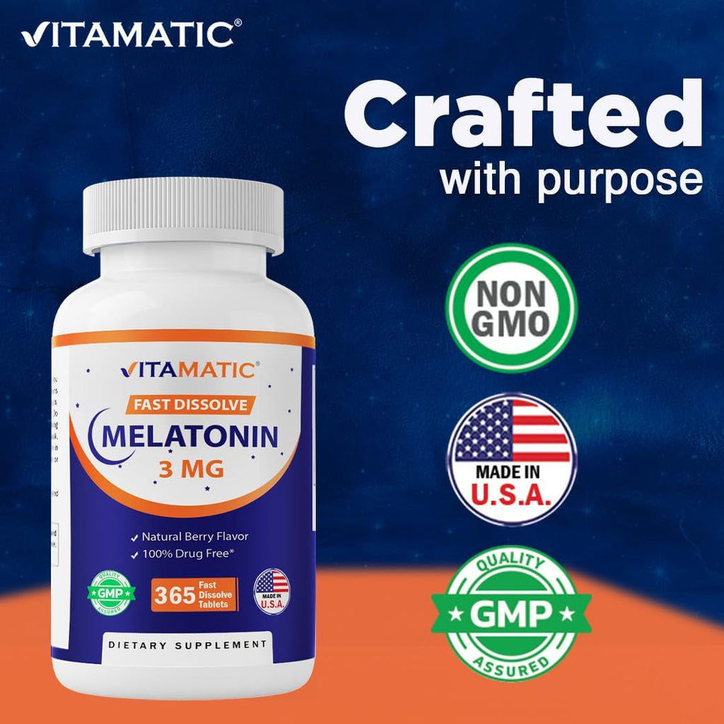 Vitamatic Melatonin 3Mg Tablets | Vegetarian, Non-Gmo, Gluten Free | 1 Year Supply | Natural Berry Flavor - 365 Tablets