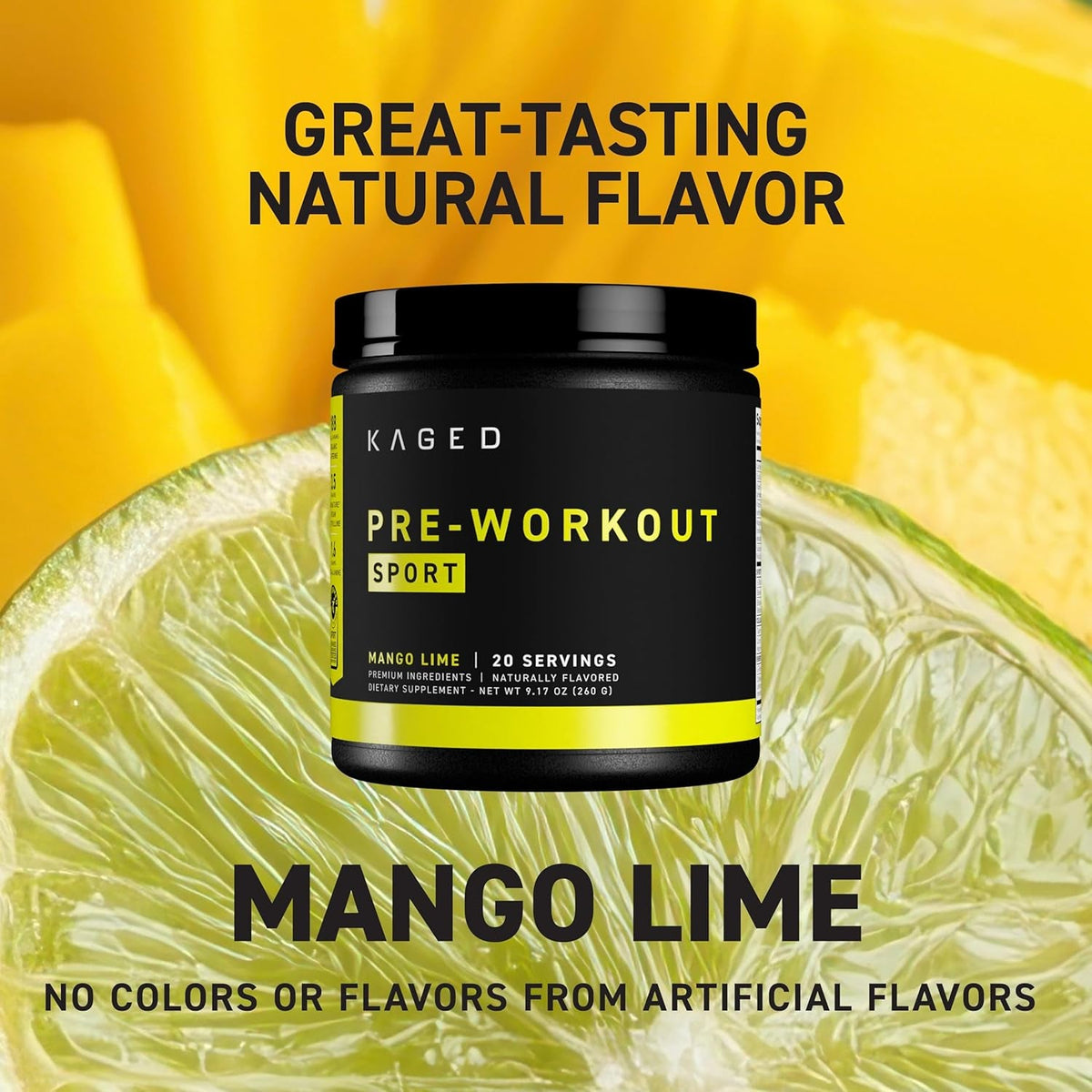Kaged Sport Pre Workout Powder for Men & Women, Mango Lime, Sport Certified, 188Mg Caffeine, Nitric Oxide Supplement, Beta Alanine for Energy, Weightlifting, Cardio Endurance & Strength, 20 Servings