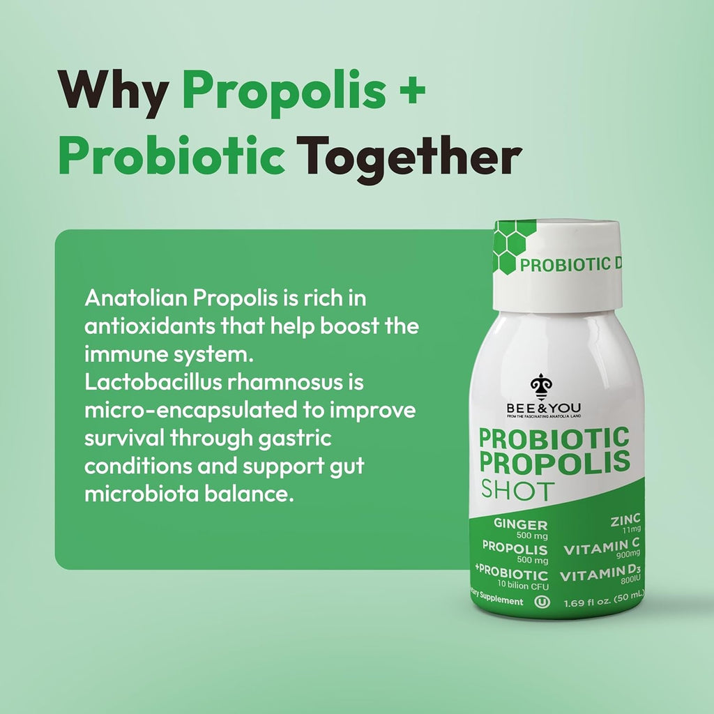 Bee and You Propolis Immune Shot, Probiotic, Vitamin C, Vitamin D3, Zinc, Ginger, Immune Support, Gut Health, Digestive Health, Bioactive 1.69 Fl. Oz, 12 Pack