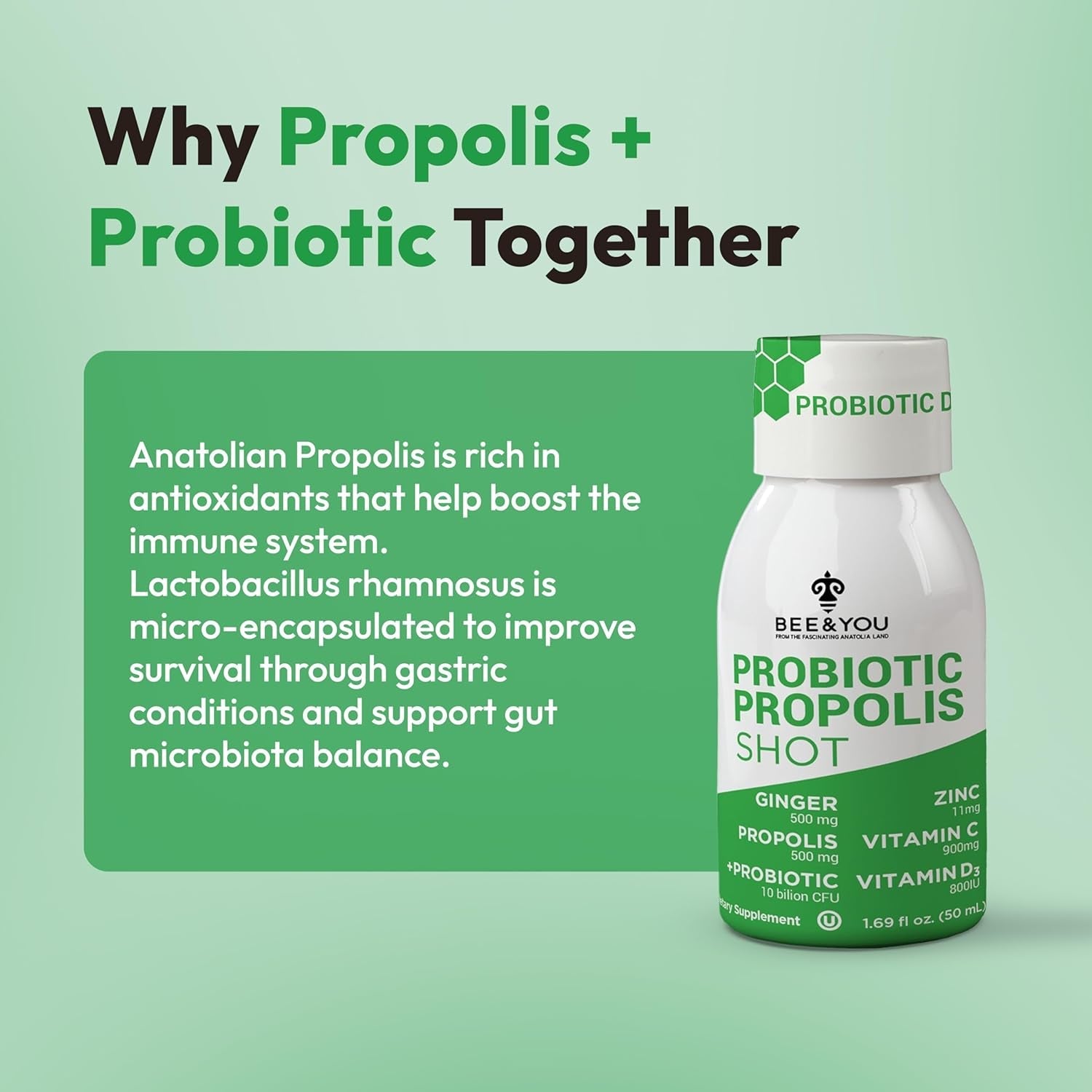 Bee and You Propolis Immune Shot, Probiotic, Vitamin C, Vitamin D3, Zinc, Ginger, Immune Support, Gut Health, Digestive Health, Bioactive 1.69 Fl. Oz, 12 Pack