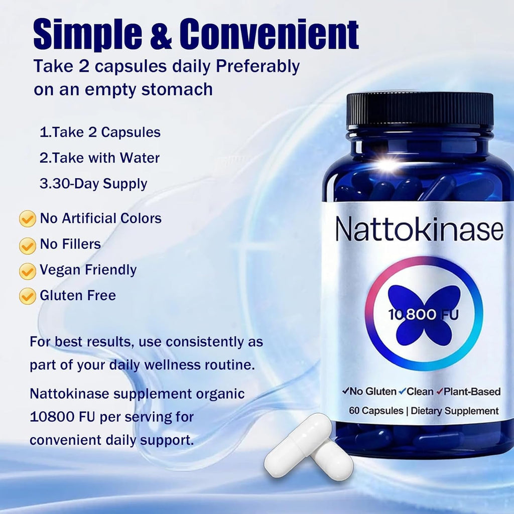 Nattokinase Supplement with 10,800 Fu，Ultimate Nattokinase Supplement Organic,Odorless Fermented Soy Enzyme, Vegan, Gluten Free, Easy Daily Routine, 60 Capsules (1Pc)