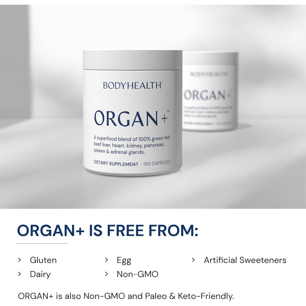Bodyhealth Organ+ Grass-Fed Glandular Organ Complex, Grassfed Beef Organ Supplement, Dessicated Beef Liver, Heart, Kidney, Pancreas, Spleen, Non GMO, Adrenal, Supplement, (150 Capsules)