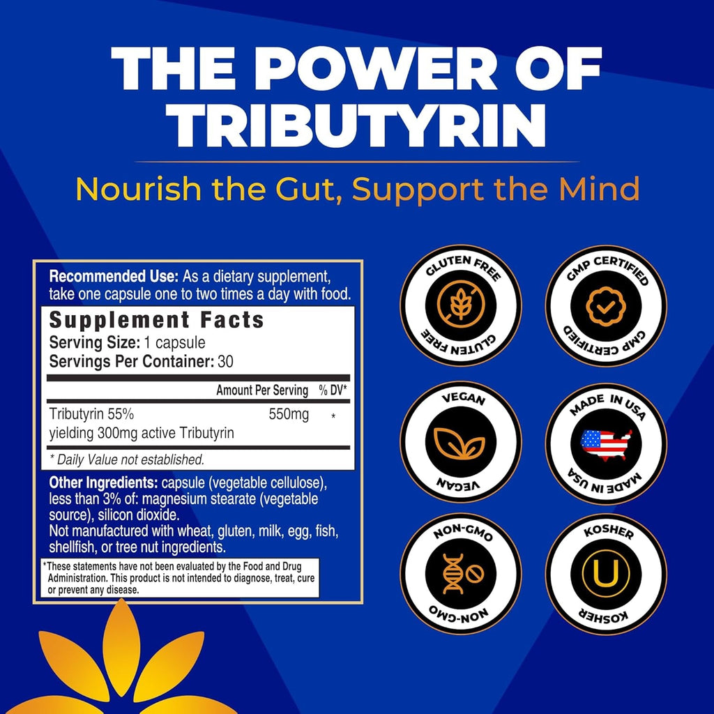Tributyrin Supplement - Better Delivery & More Effective than Sodium Butyrate - Gut Health & Digestive Support - 3-In-1 Butyrate Postbiotics for Leaky Gut & Gut Barrier Support - 30 Capsules