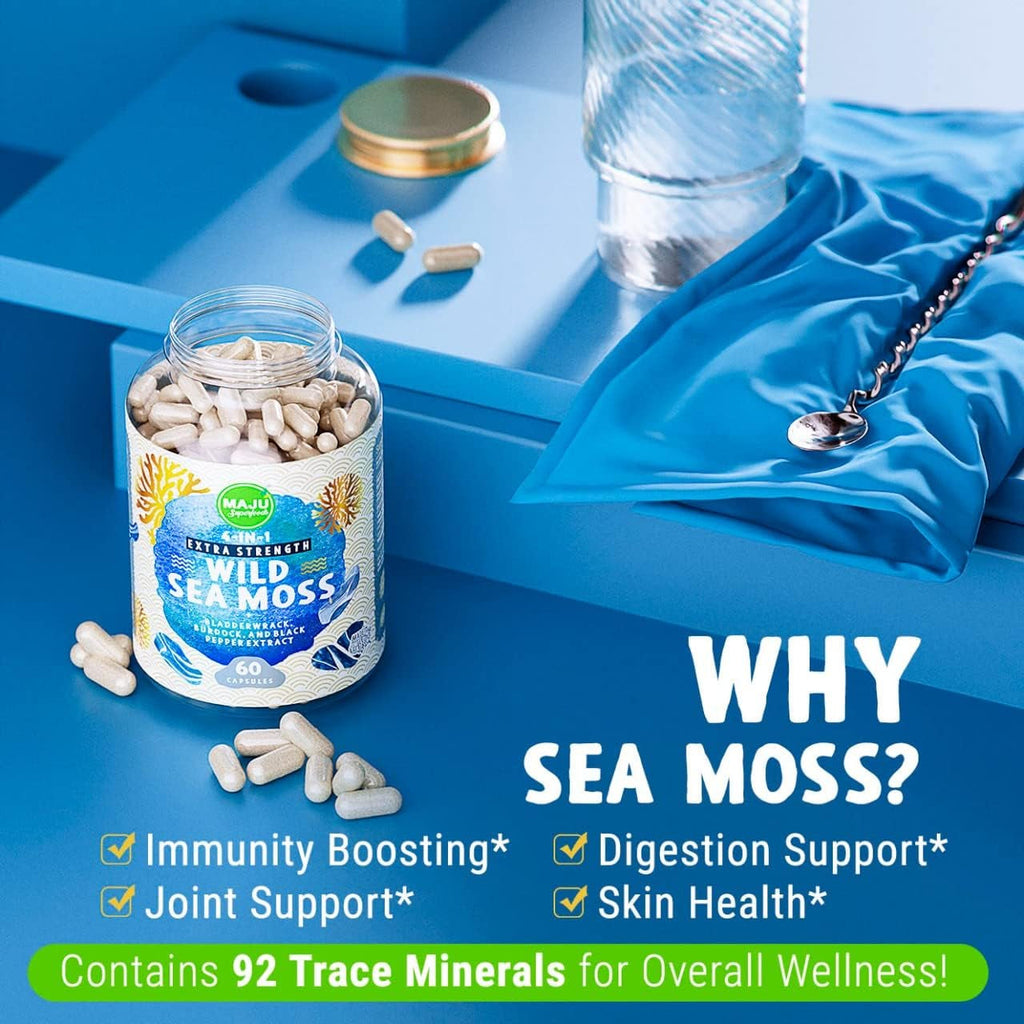 MAJU 4-In-1 Organic Sea Moss Capsules, Wild Chondrus Crispus, Seamoss W/Bladderwrack + Burdock Root, Stronger than Gel, Irish, Sebi Inspired Raw Powder in Pills, 500 Mg Capsule (60 Ct)