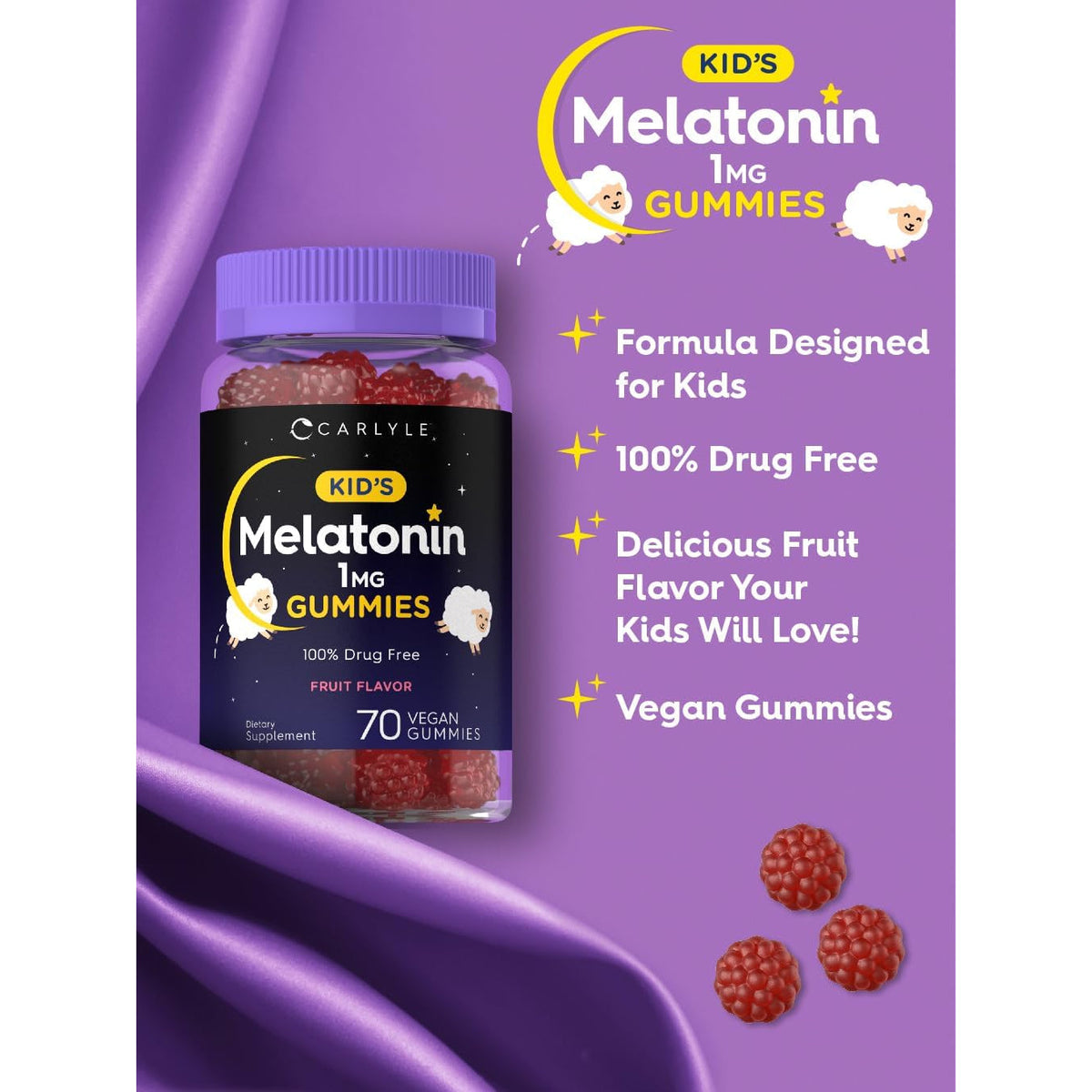 Carlyle Kids Melatonin Gummies | 1 Mg 70 Count | Fruit Flavor Gummy | Vegan, Non-Gmo, Gluten Free