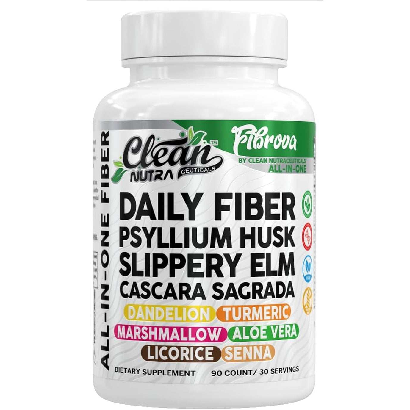 Fiber Supplement Capsules Slippery Elm Psyllium Husk Cascara Sagrada Dandelion Root Turmeric Supplement Aloe Vera Licorice Senna Marshmallow Root Digestive Health Cleanse 90 Pills by Clean Nutra