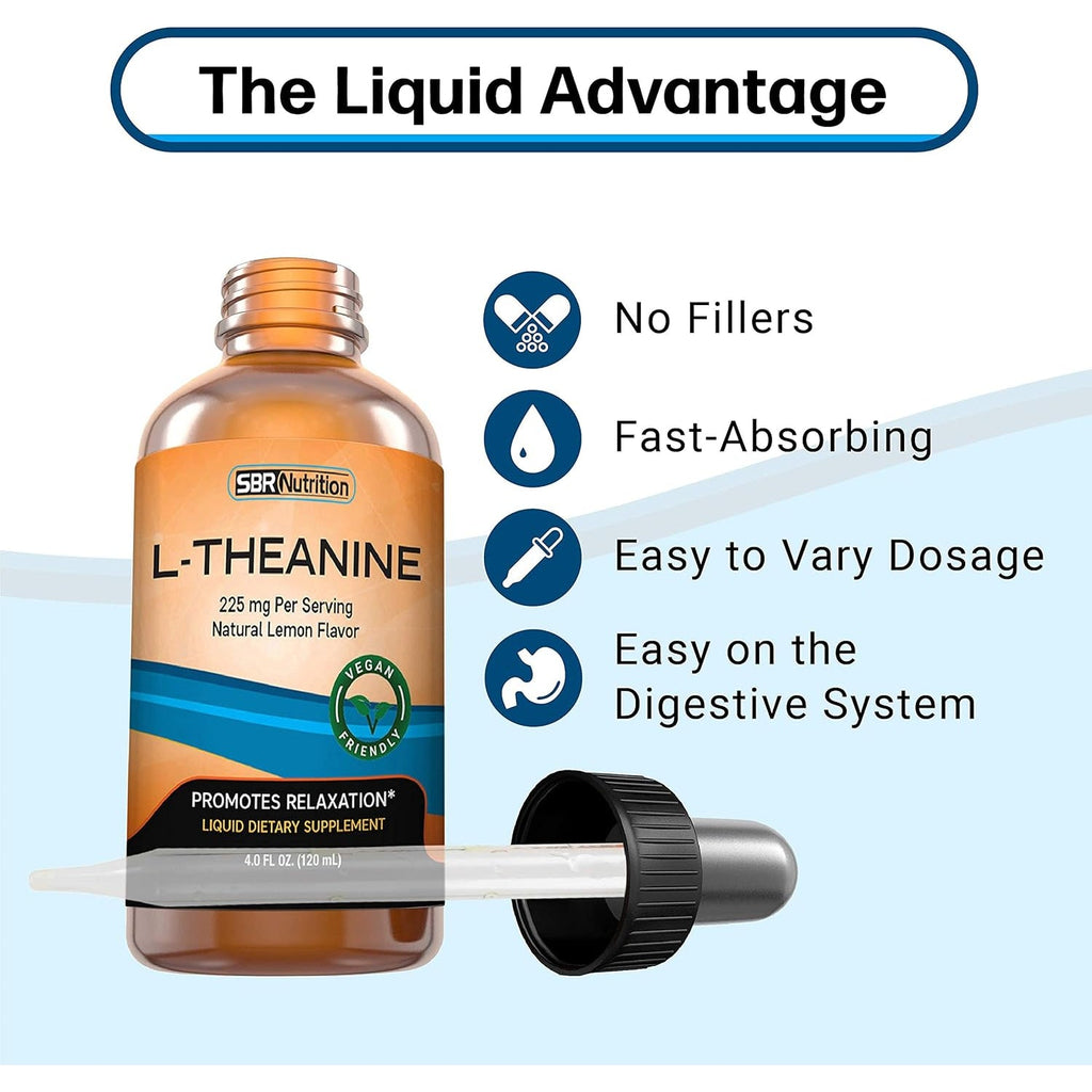 SBR Nutrition Liquid L-Theanine Drops | All Natural, Vegan, Alcohol Free, Non-Gmo | for Sleep Aid, Calm, Relaxation, Focus without Drowsiness | Synergistic with Coffee or Caffeine