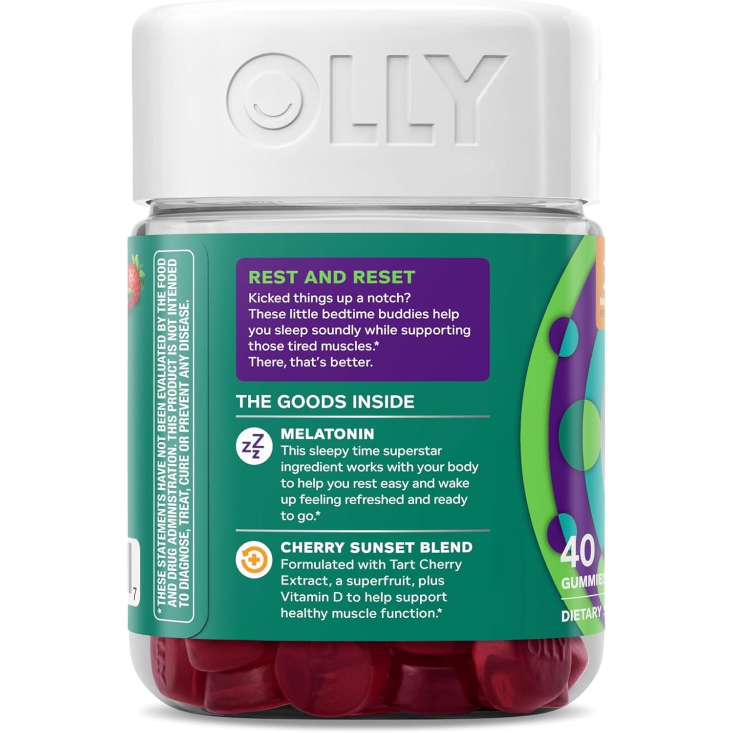OLLY Muscle Recovery Sleep Gummies, Sleep and Healthy Muscle Support,* 3Mg Melatonin, Tart Cherry Extract, Vitamin D, Berry Rested Flavor, 20 Day Supply - 40 Count