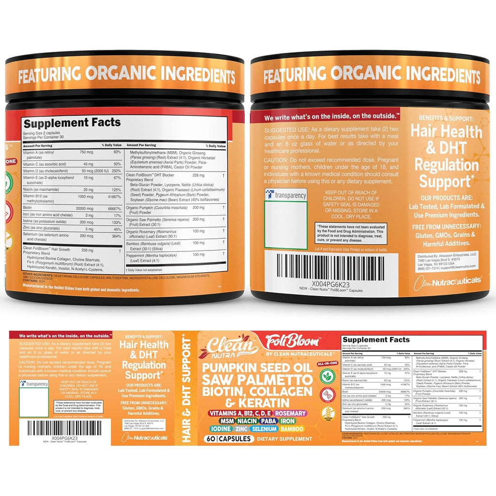 Clean Nutra Pumpkin Seed Oil Capsules + Saw Palmetto Biotin Collagen Keratin MSM Folate Hyaluronic Acid Supplements B12 Zinc Hair Supplement for Women Men Iodine 5-MTHF B-12 Vitamin B9-60 Pills
