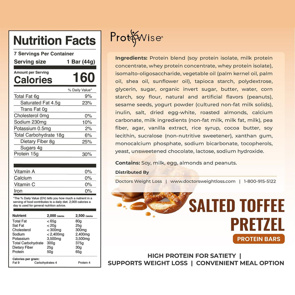 Protiwise – Salted Toffee High Protein 15G Bar | Low Calorie, Weight Loss, Diet, Keto Friendly, Hunger Control, Meal Replacement | Gluten Free, Low Fat, Low Sugar (7/Box)