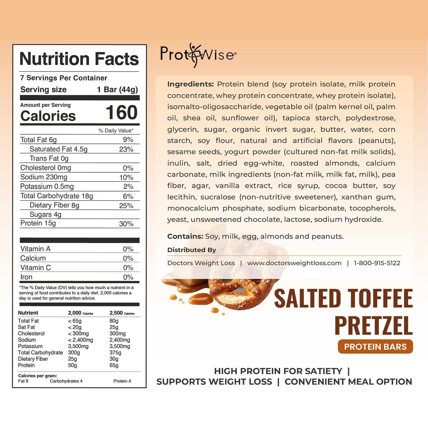 Protiwise – Salted Toffee High Protein 15G Bar | Low Calorie, Weight Loss, Diet, Keto Friendly, Hunger Control, Meal Replacement | Gluten Free, Low Fat, Low Sugar (7/Box)