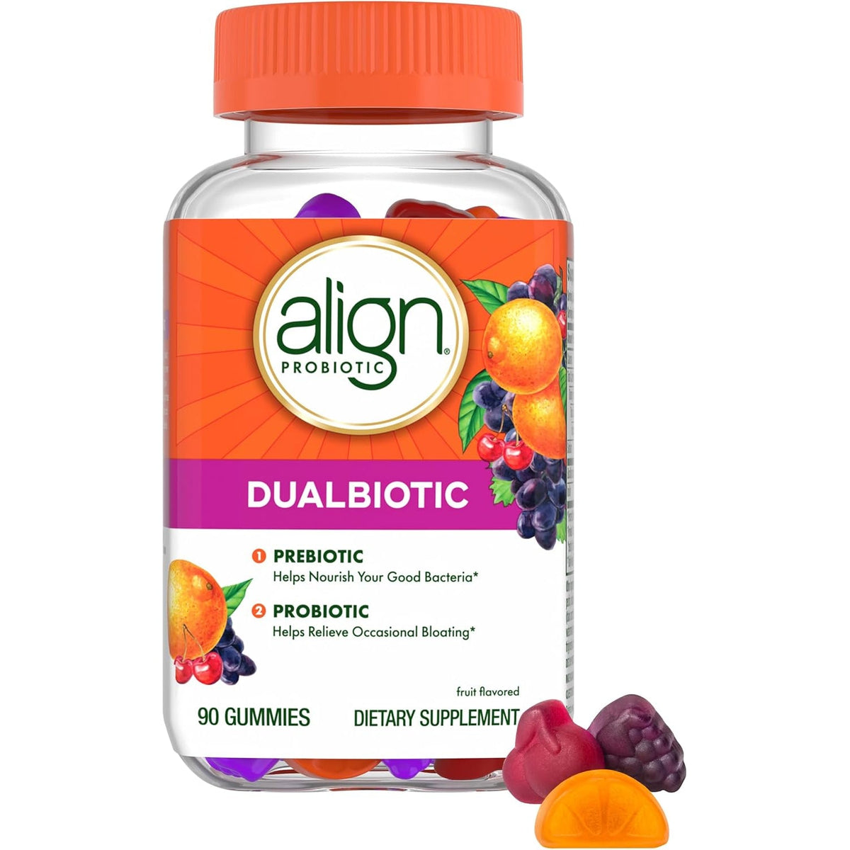 Align Dualbiotic, Prebiotics and Probiotics for Women and Men, Probiotics for Digestive Health, Prebiotics Help Nourish Good Bacteria, Natural Fruit Flavors, 90 Probiotic Gummies (Packaging May Vary)