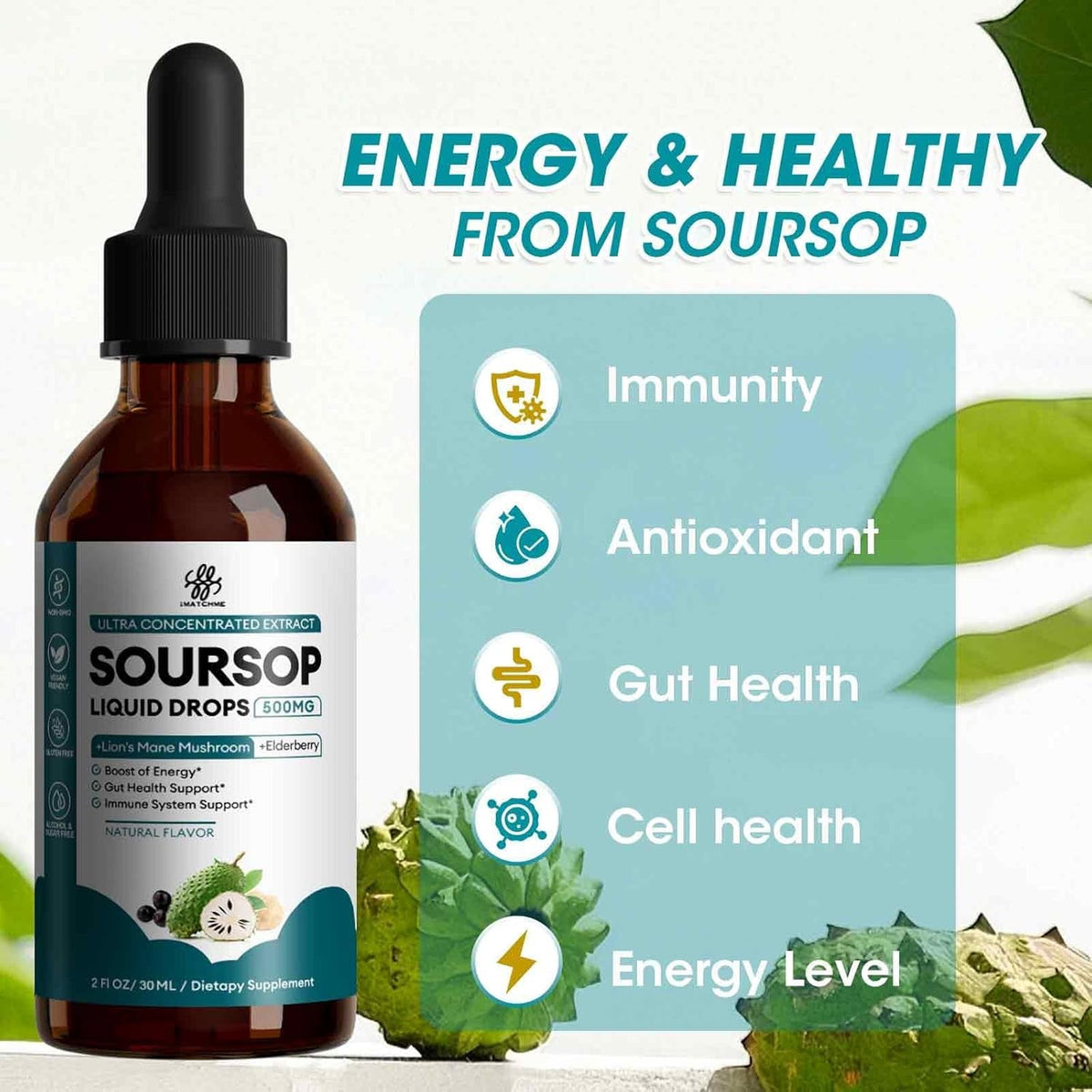 Imatchme Soursop Graviola Liquid Drop for Immune, Gut, Antioxidants, Cell & Energy, Soursop Bitters Liquid with Elderberry & Lion Mane Mushroom, 3X Power Herbal, Sugar-Free, Natural Flavor, 1 Fl Oz