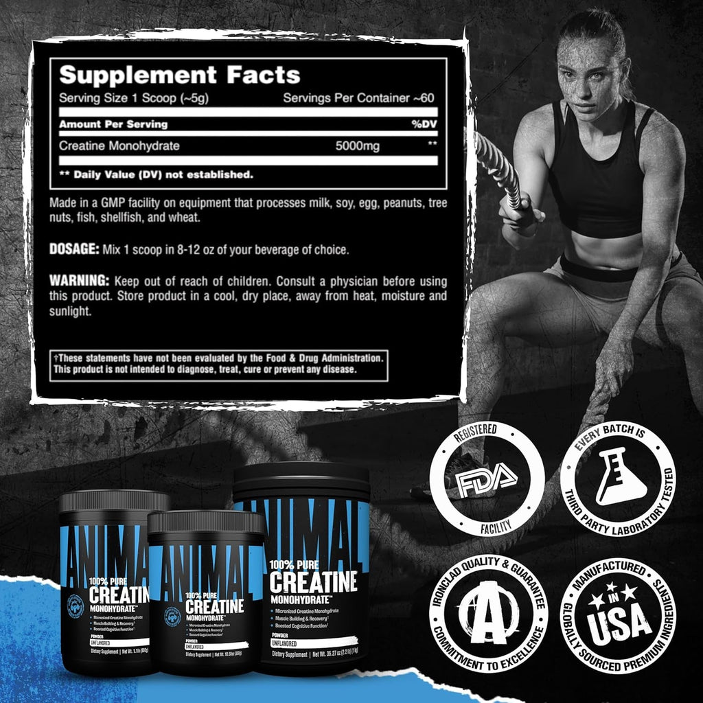 Animal Creatine Monohydrate Powder — Micronized for Muscle Recovery, Cellular Energy, and Daily Wellness — for Men and Women — Unflavored 300G