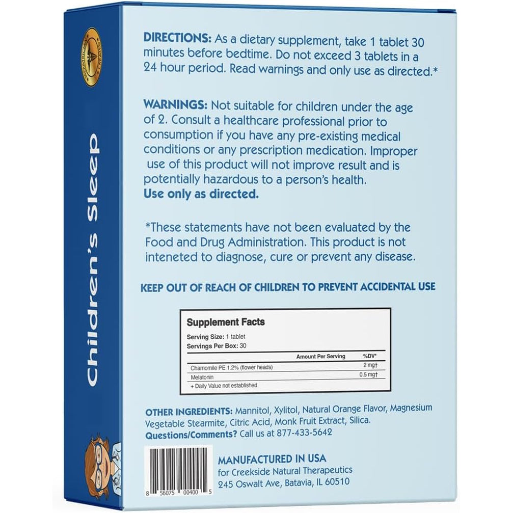 Creekside Naturals Children’S Sleep, with Melatonin and Chamomile, Zero Sugar, Vegan, Pediatrician Formulated, Orange Dream Flavor, 30 EZ Melt Tablets