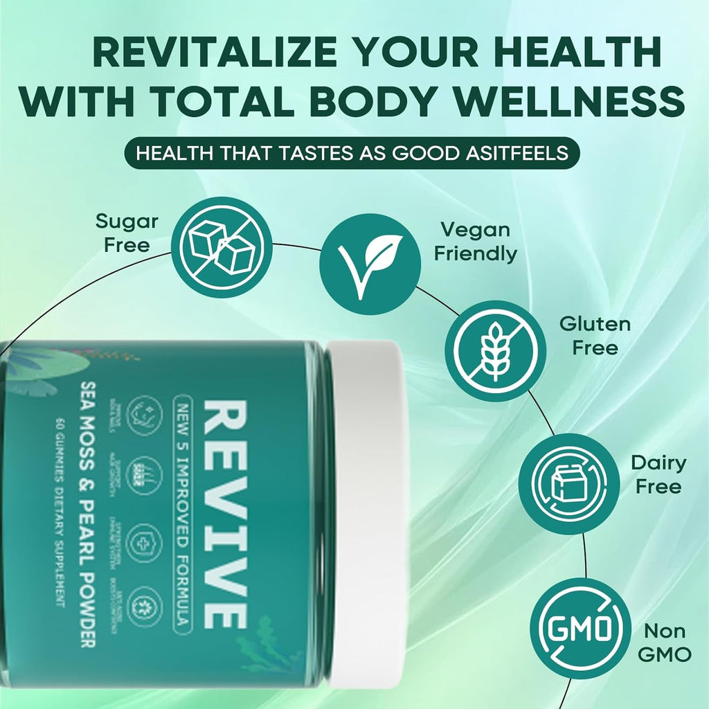 Revive Hair Gummies, Balmbare Revive Gummies for Hair, Promotes Thicker, Fuller, Stronger Hair, with Organic Irish Sea Moss, Pearl Powder Glow, Vitamin C/E, Aloe Vera, 60 Count