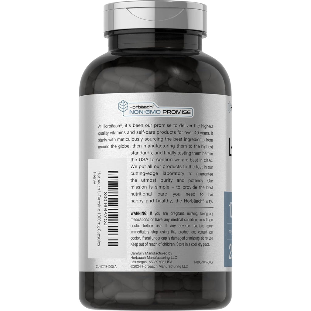 Horbäach L-Tyrosine 1000Mg | 250 Capsules | Amino Acid Supplement | Non-Gmo & Gluten Free