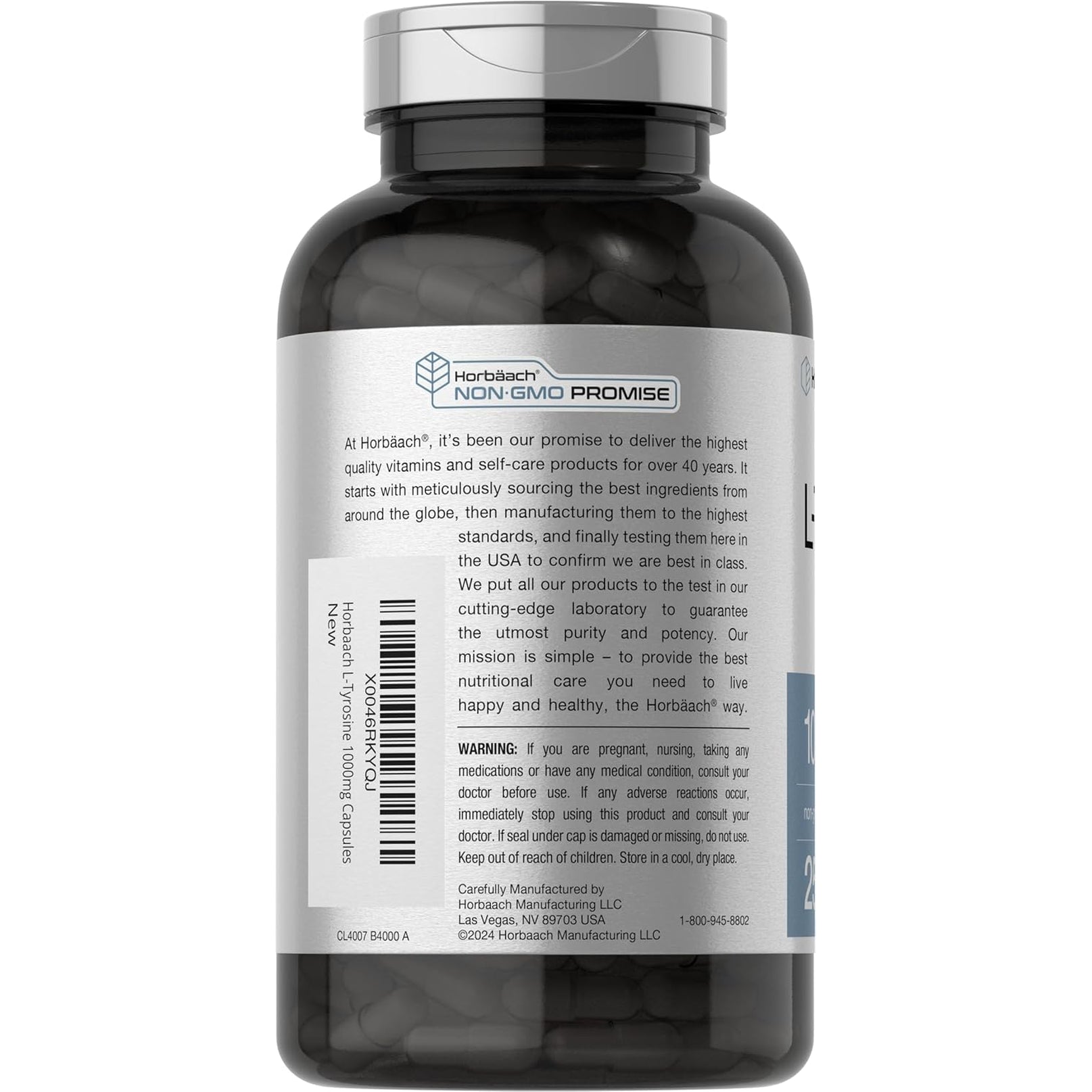 Horbäach L-Tyrosine 1000Mg | 250 Capsules | Amino Acid Supplement | Non-Gmo & Gluten Free