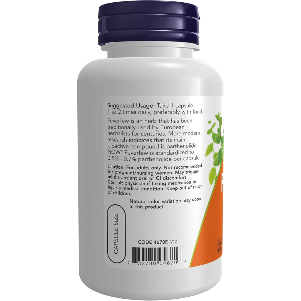 NOW Supplements, Feverfew with 0.5% - 0.7% Parthenolide, Herbal Supplement, 100 Veg Capsules (Pack of 1)