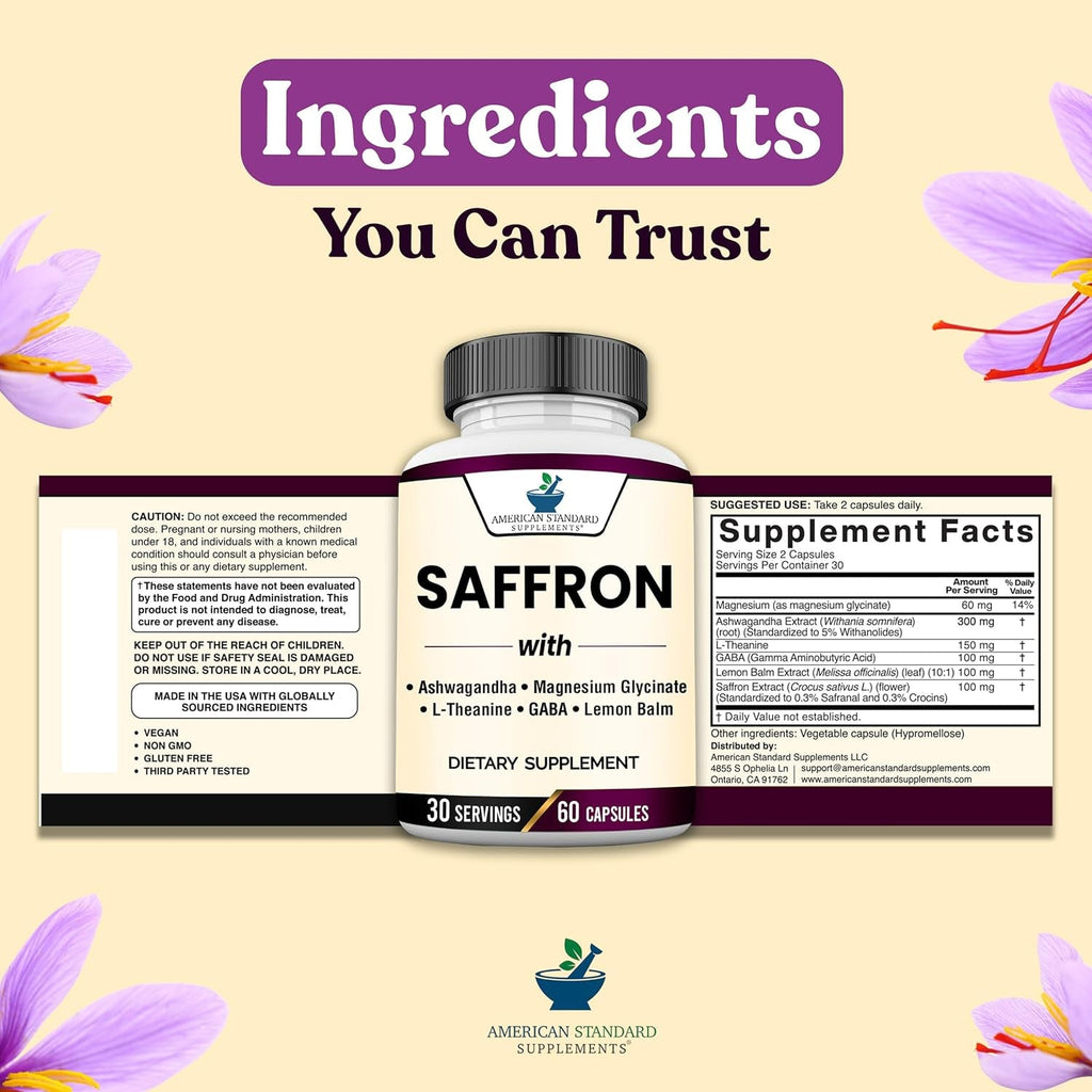 American Standard Supplements Saffron Extract 100Mg per Serving with Magnesium Glycinate, Ashwagandha, L-Theanine, GABA, Lemon Balm, Vegan, Non-Gmo, 60 Capsules