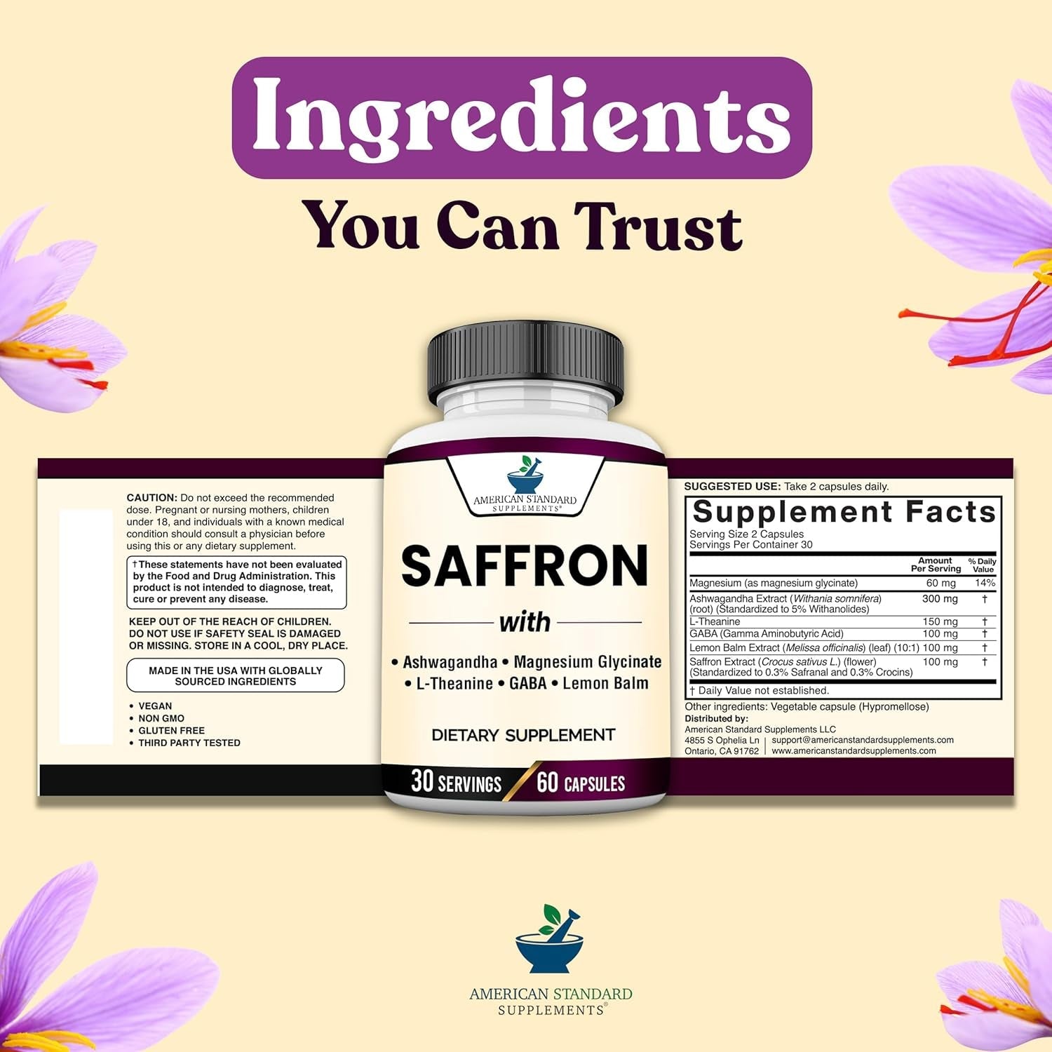 American Standard Supplements Saffron Extract 100Mg per Serving with Magnesium Glycinate, Ashwagandha, L-Theanine, GABA, Lemon Balm, Vegan, Non-Gmo, 60 Capsules