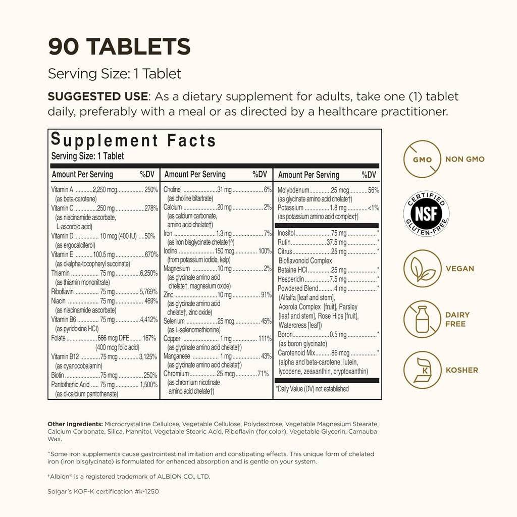 Solgar Formula VM-75, 90 Tablets - Multivitamin with Chelated Minerals - Vitamin A, B6, B12, C, D, E - Biotin, Magnesium, Calcium, Iron, Zinc - Vegan, Gluten Free, Dairy Free, Kosher - 90 Servings