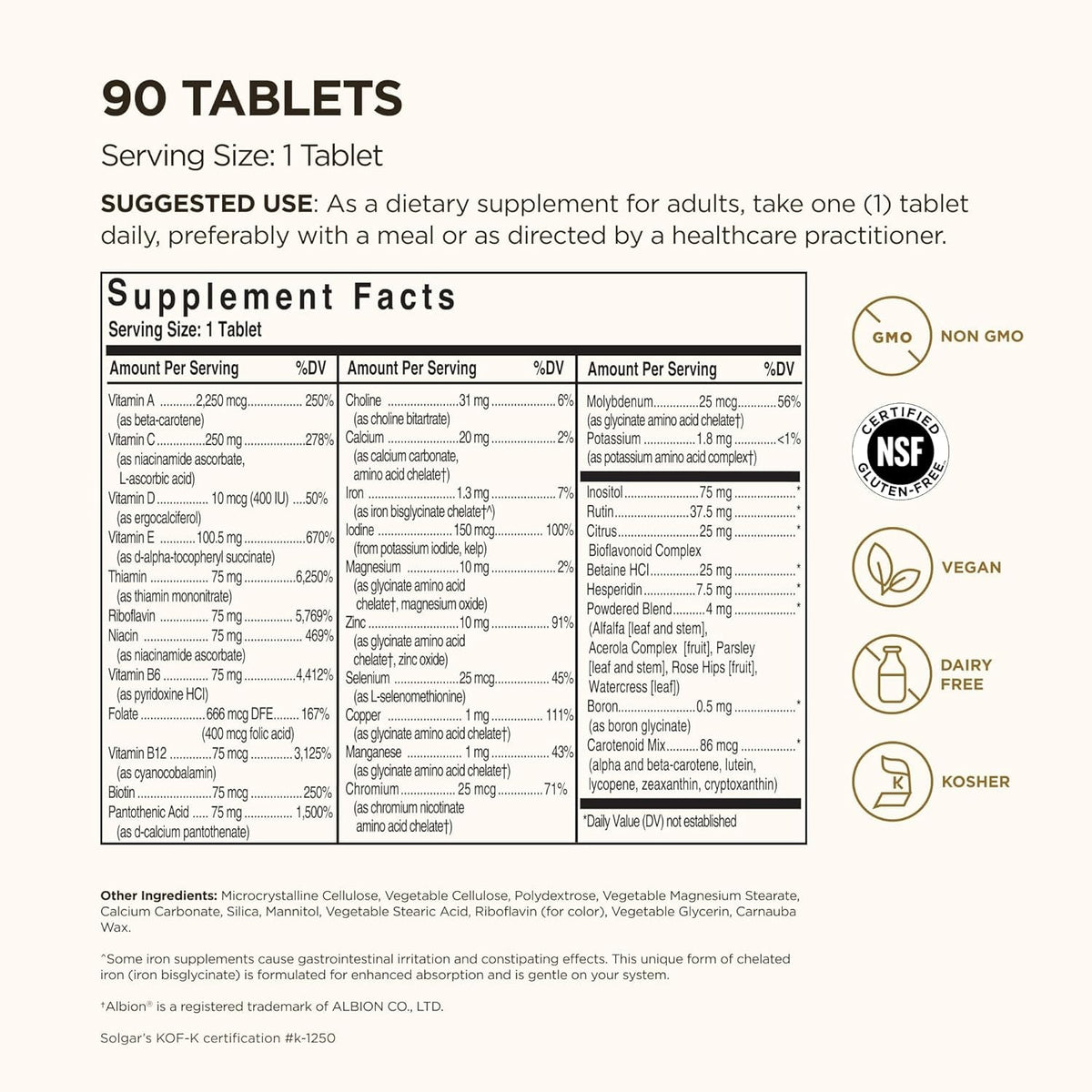 Solgar Formula VM-75, 90 Tablets - Multivitamin with Chelated Minerals - Vitamin A, B6, B12, C, D, E - Biotin, Magnesium, Calcium, Iron, Zinc - Vegan, Gluten Free, Dairy Free, Kosher - 90 Servings