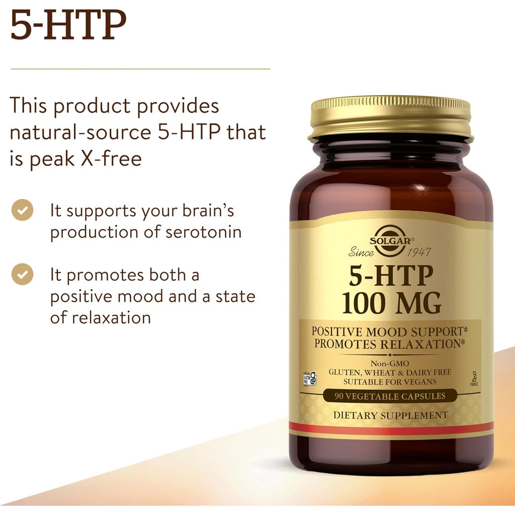 Solgar 5-HTP 100 Mg, 90 Vegetable Capsules - Promotes Relaxation - Positive Mood & Stress Support - Non-Gmo, Vegan, Gluten Free, Dairy Free, Kosher - 90 Servings