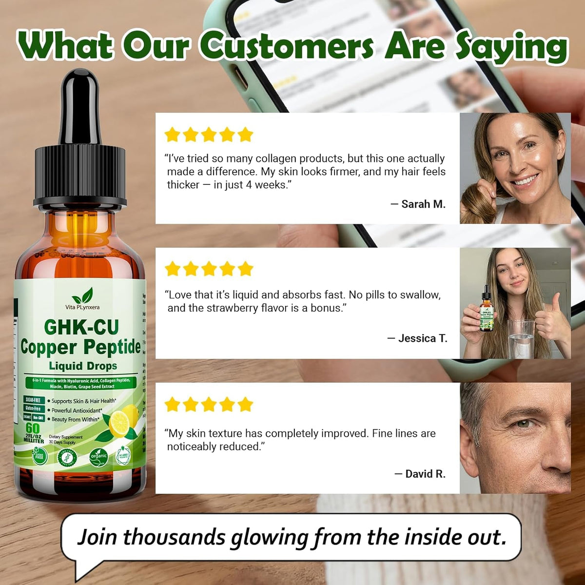 Vita Plynxera GHK-CU Peptide Supplement Liquid Drops, Premium 6-In-1 GHK CU Copper Peptides W. Marine Collagen Hyaluronic Acid Biotin for Anti-Aging, Skin Hair Growth Support, Oral Drops丨Women Men
