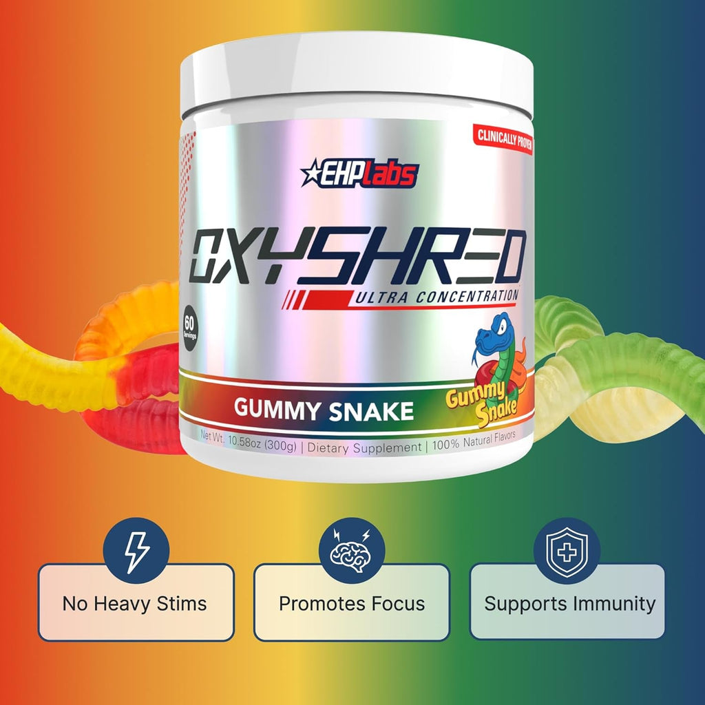 EHP LABS Oxyshred Pre Workout Powder - Preworkout Powder with L Glutamine & Acetyl L Carnitine, Energy Boost Drink - Gummy Snake, 60 Servings