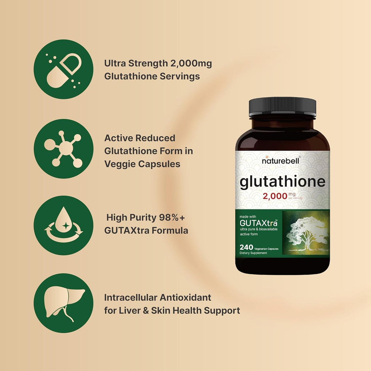Naturebell Glutathione Supplement 2,000Mg per Serving, 240 Veggie Capsules | 98%+ Purity Verified, Bioavailable Reduced Glutathione Pills, Active Form, Master Antioxidant – Vegan Friendly & Non-Gmo