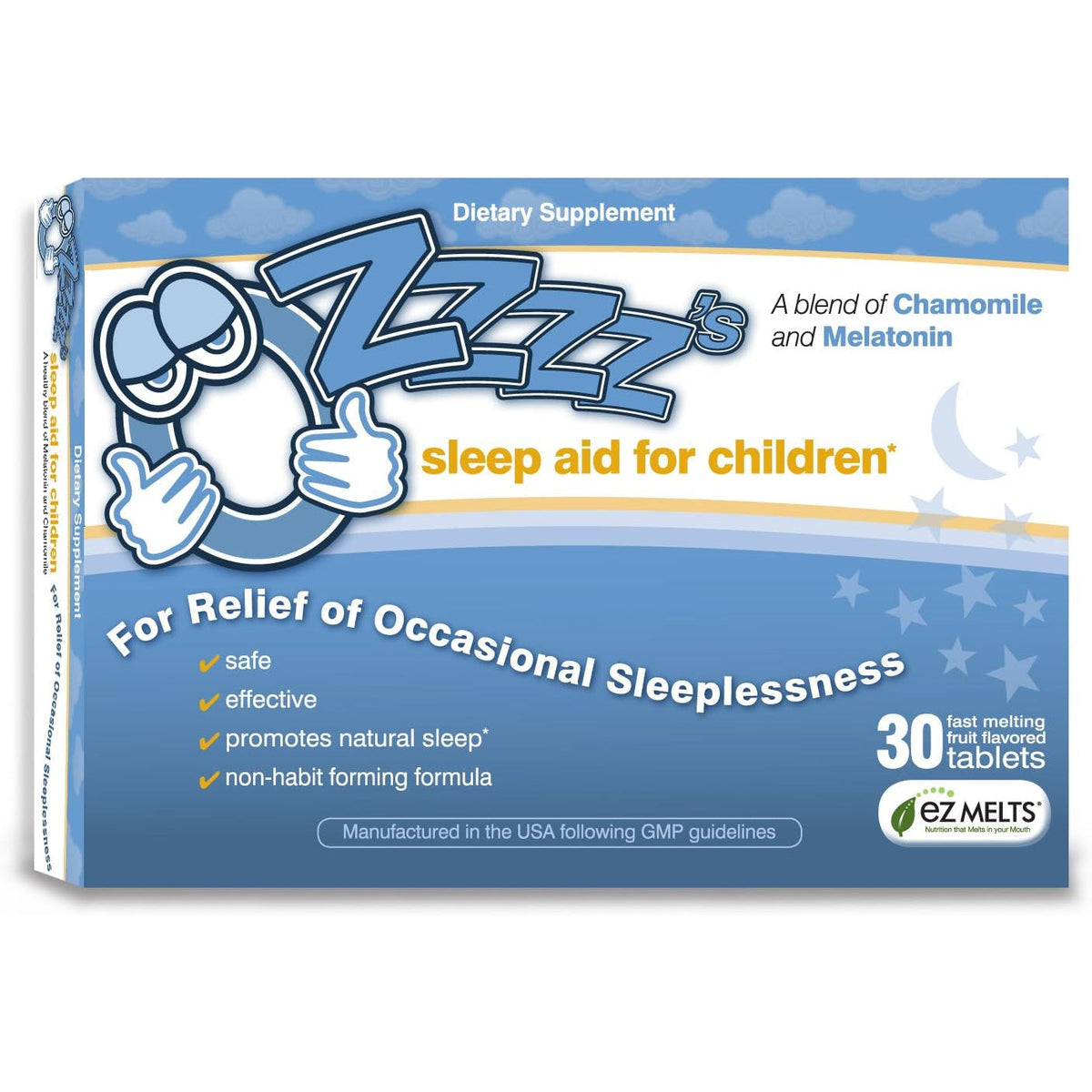 Ozzzz’S Sleep Aid for Children, with Melatonin and Chamomile, Pediatrician Formulated, Zero Sugar, Vegan, Orange Dream Flavor, 30 EZ Melt Tablets