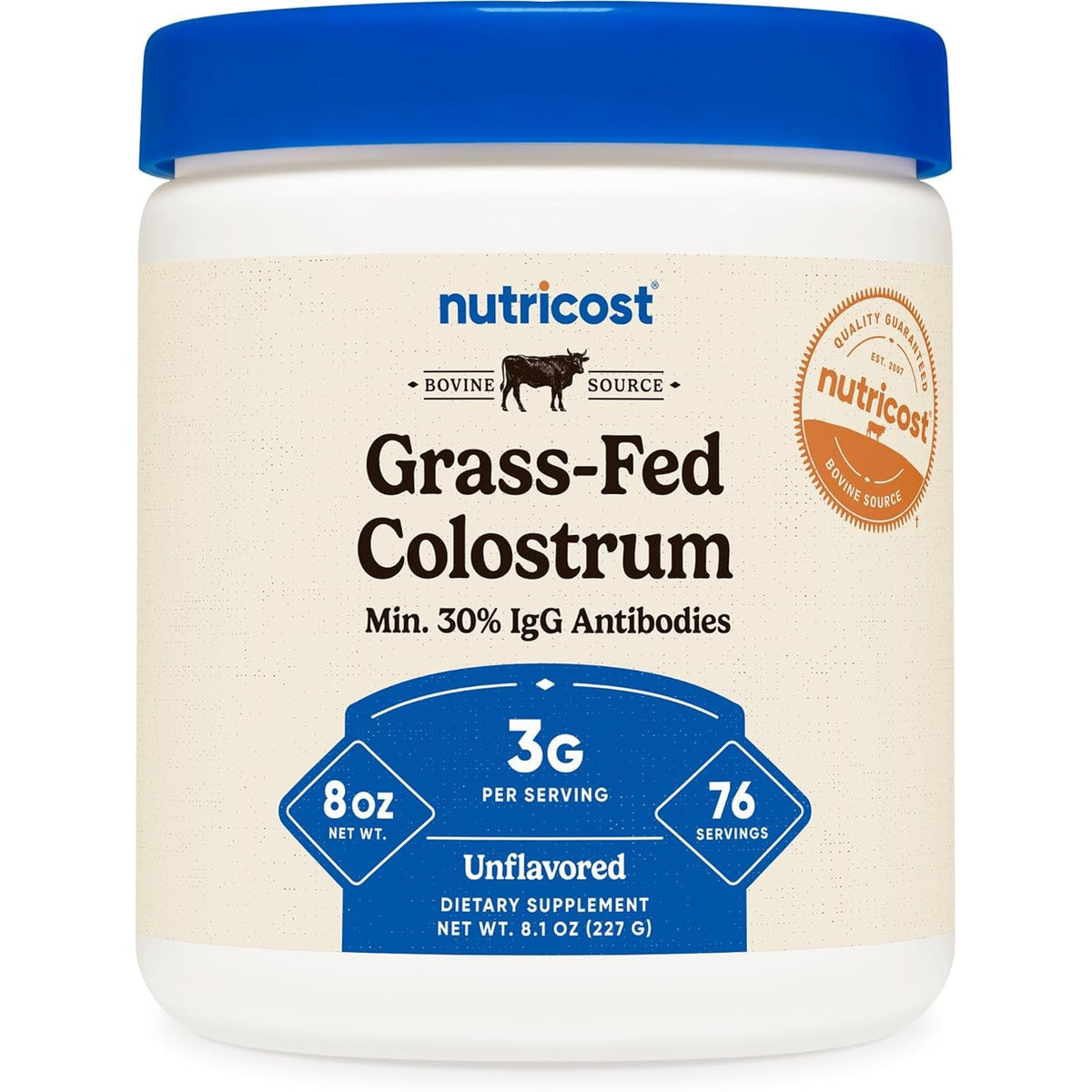 Nutricost Colostrum Powder 8 Oz, Lactoferrin and Minimum 30% Immunoglobulins (Igg), from Bovine Colostrum, 3G per Serving, 76 Servings