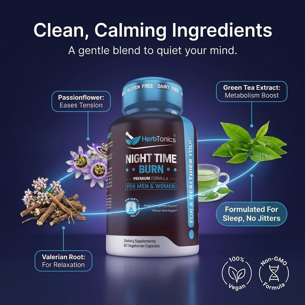 Herbtonics Night Time Burn & Sleep Complex Supports Overnight Metabolism, Stress Relief & Deep Sleep. Includes Melatonin, Valerian and Green Tea – Vegan Bedtime Weight Management (60 Capsules)