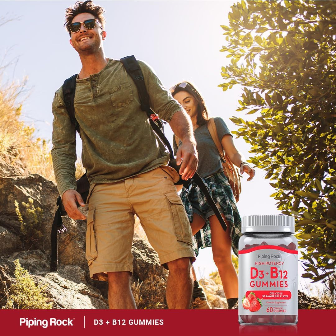 Piping Rock Vitamin D3 and B12 Gummies | 60 Count | Supplement for Women and Men | High Potency | Strawberry Flavor | Vegetarian, Non-Gmo, Gluten Free