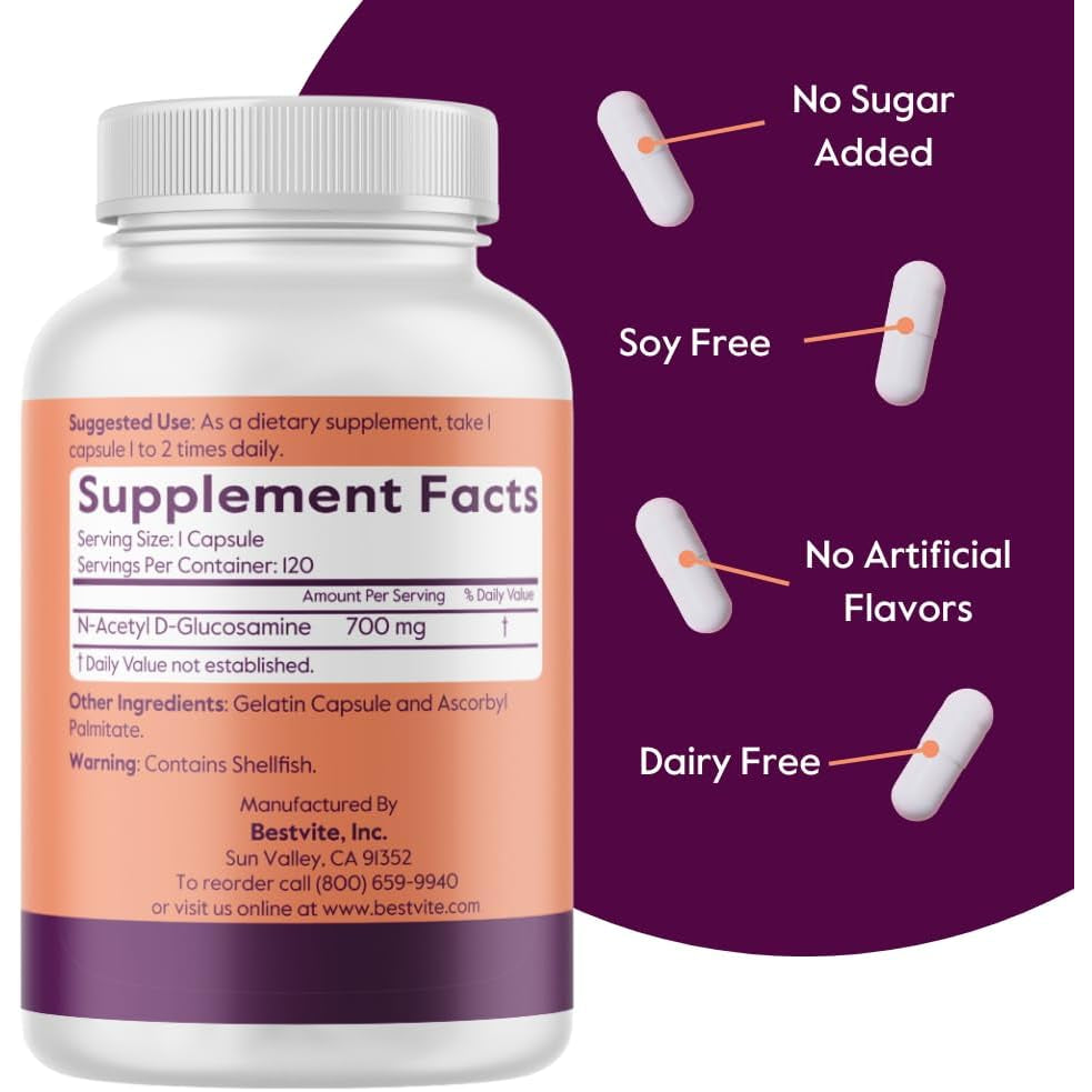 BESTVITE N-Acetyl Glucosamine (N-A-G) 700Mg (120 Capsules) - No Stearates - Non GMO - Gluten Free