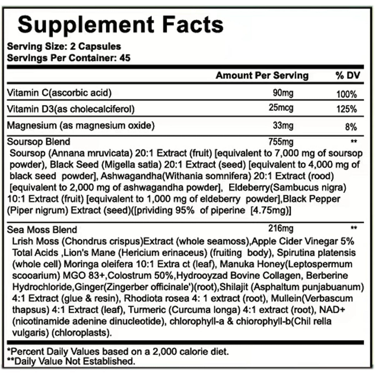 Soursop Capsules - 24 in 1 Graviola Soursop Capsules with Shilajit, Sea Moss, Lions Mane, Turmeric, Ashwagandha, Vegan, Ginger & Manuka Honey and More, Non-Gmo, 90Capsules