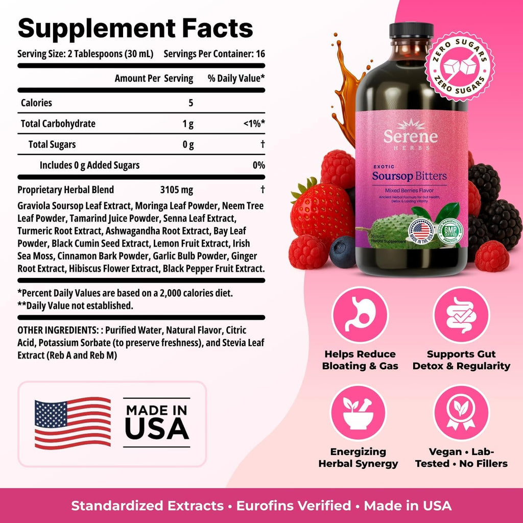 Serene Herbs Soursop Bitters Liquid with Soursop Leaves for Gut Cleanse, Detox & Immune Boost with Black Seed, Moringa, Irish Moss, Ashwaganda, Turmeric, 16 Fl Oz (16 Fl Oz (Pack of 1), Mixed Berry)