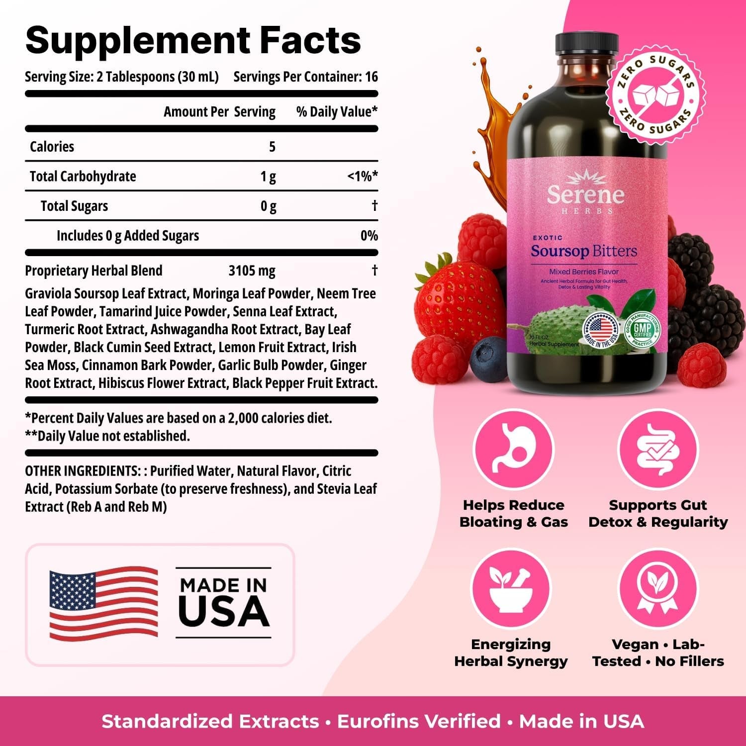 Serene Herbs Soursop Bitters Liquid with Soursop Leaves for Gut Cleanse, Detox & Immune Boost with Black Seed, Moringa, Irish Moss, Ashwaganda, Turmeric, 16 Fl Oz (16 Fl Oz (Pack of 1), Mixed Berry)