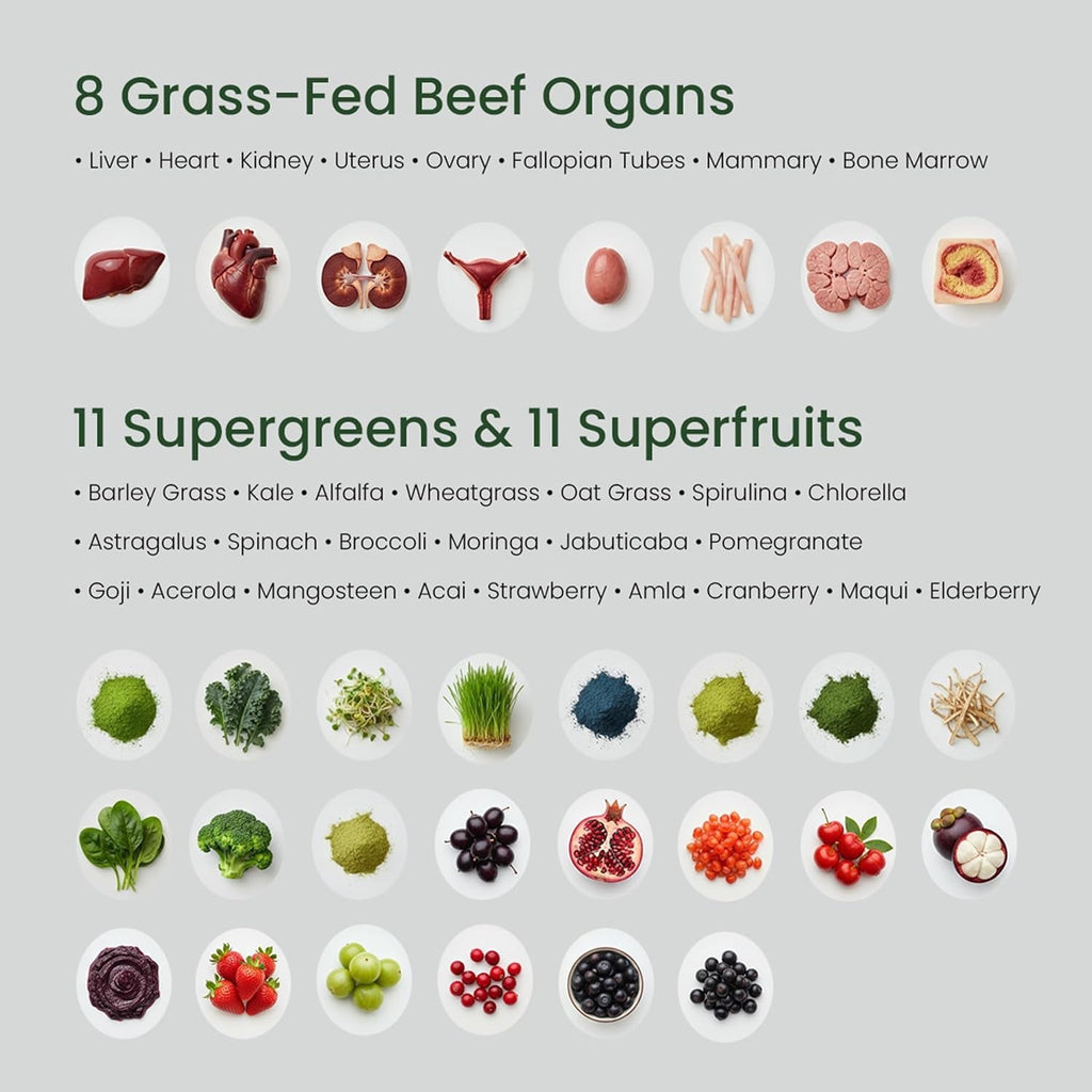 Grass Fed Beef Organ Supplement for Women with Super Greens & Antioxidant Fruits – 60+ Bioavailable Nutrients for Hormone Balance, Cycle Comfort, Primal Energy, Immunity, Hair & Skin – 3 Month Supply