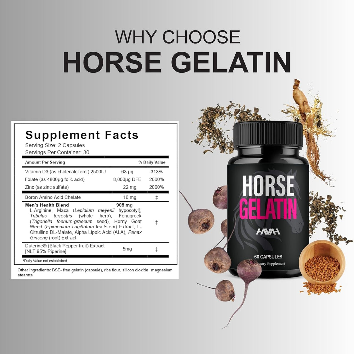 Havah Horse Gelatin Advanced Overall Support Capsules, Horse Gelatin Advanced All Natural Health Management and Overall Wellness Support Supplement Formula Pills (1 Pack - 60 Capsules)