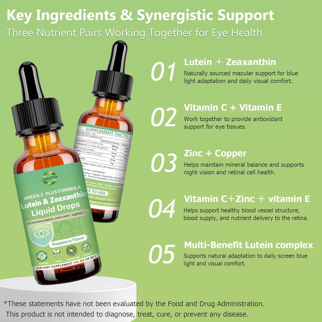 Lutein and Zeaxanthin Supplement Liquid Drops 40Mg AREDS 2 plus Eye Vitamin & Mineral Supplement with Vitamin C E Zinc Copper for Blue Light Protection Eye Health Support Non-Gmo, Gluten Free